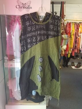 Kathmandu Olive and Black Asymmetrical Sleeveless Tunic with Script Yoke